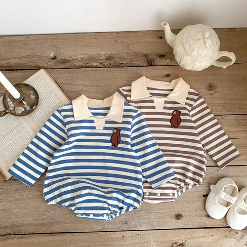 Baby Boy Striped Bear Embroidered Onesie
