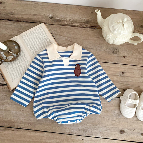 Baby Boy Striped Bear Embroidered Onesie
