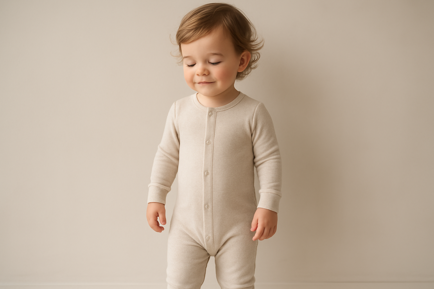 toddler in plain onesie pajama - make it chic with a neutral background