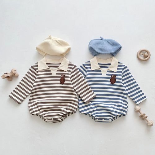 Baby Boy Striped Bear Embroidered Onesie