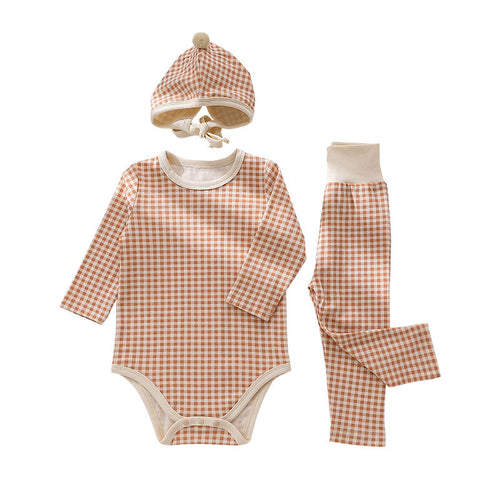 Baby Plaid Pattern Onesies Combo Pants With Hat
