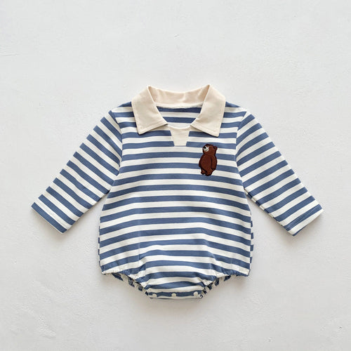Baby Boy Striped Bear Embroidered Onesie
