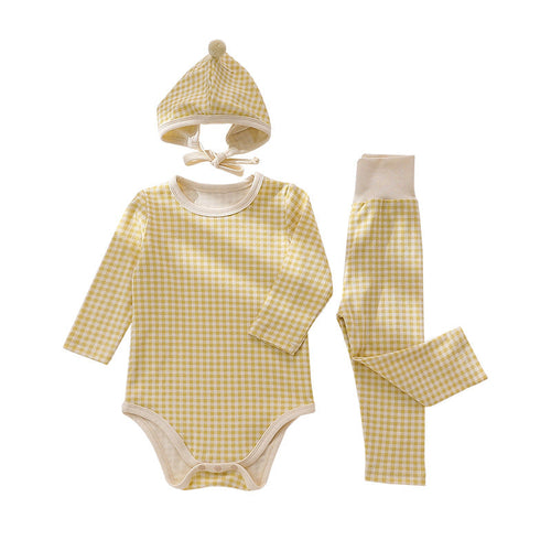 Baby Plaid Pattern Onesies Combo Pants With Hat
