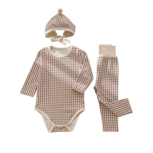 Baby Plaid Pattern Onesies Combo Pants With Hat
