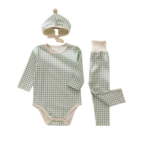 Baby Plaid Pattern Onesies Combo Pants With Hat