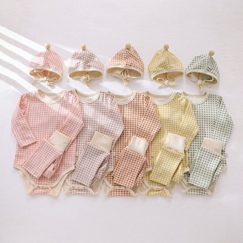 Baby Plaid Pattern Onesies Combo Pants With Hat